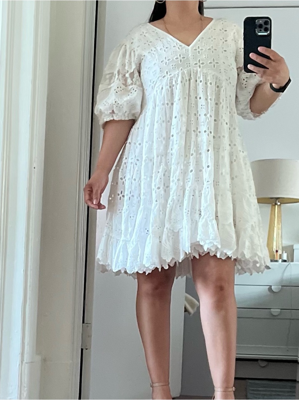 V-Neck White Eyelet Puff Sleeve Mini Dress